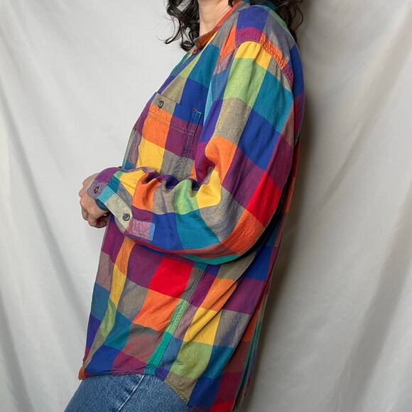 SOLD Vintage lizwear rainbow plaid checkered shirt long sleeve button-down M - Picture 11 of 17